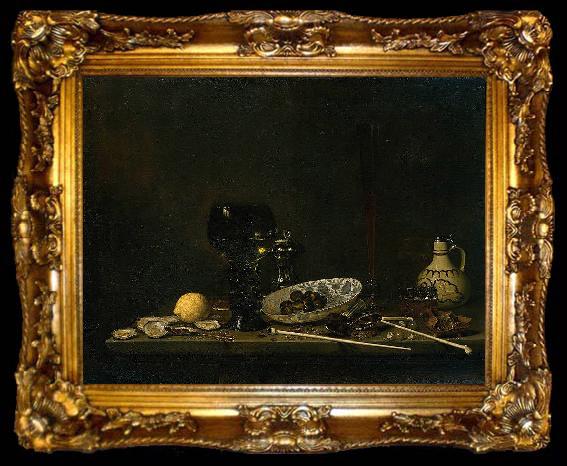 framed  Jan van de Velde Still life with wineglass, flute glass, earthenware jug and pipes, ta009-2